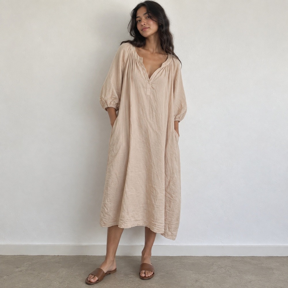 Parachute Womens Organic Cotton Dress Medium Tan Gauze Henley Midi Pockets